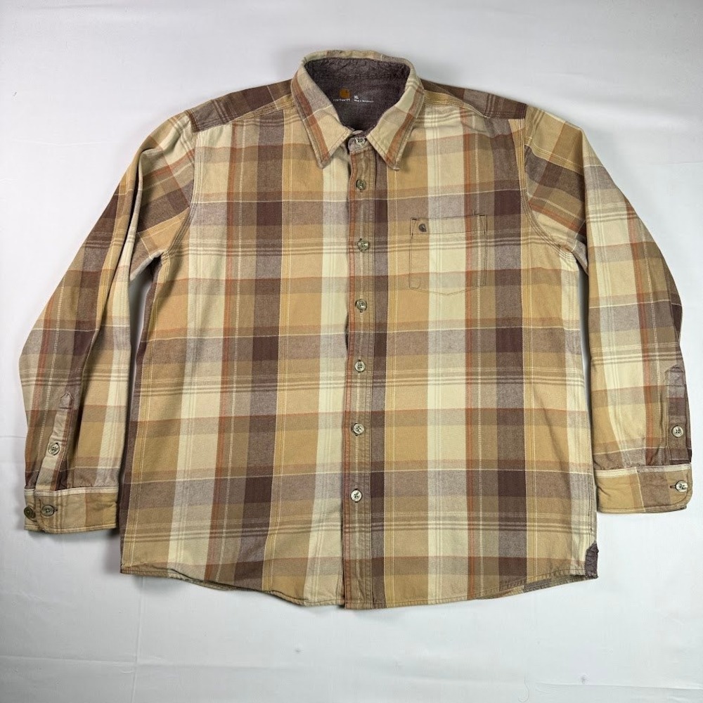 Carhartt Plaid Button Down Flannel Shirt Mens XL Brown Tan Long Sleeve 100087